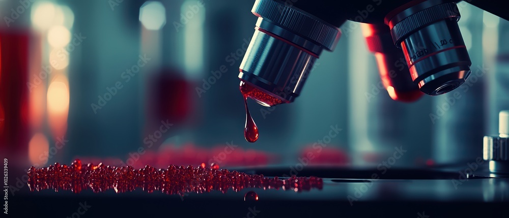 Poster a close-up of a microscope exploring a vibrant red liquid, highlighting the intricate details of sci