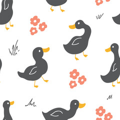 Cute Cartoon Duck Seamless Pattern, Vector Illustration Background