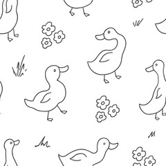 Cute Cartoon Duck Seamless Pattern, Vector Illustration Background