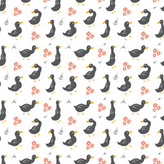 Cute Cartoon Duck Seamless Pattern, Vector Illustration Background