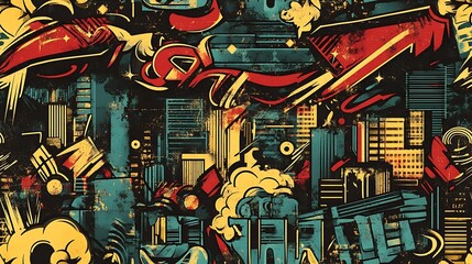 Obraz premium Graffiti-inspired pattern featuring city skylines, cars, and abstract road symbols, surrounded by vibrant brushstrokes and glowing neon lights, spray-painted on a distressed wall,