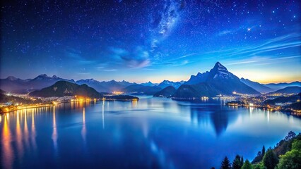 Scenic view of Lake Lucerne and Pilatus Peak under a starry sky at night
