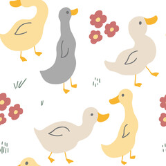 Cute Cartoon Duck Seamless Pattern, Vector Illustration Background