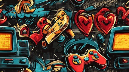Graffiti-inspired pattern featuring game controllers, pixel art hearts, and glowing arcade screens, surrounded by vibrant neon colors and swirling brushstrokes, spray-painted on a dark concrete wall,