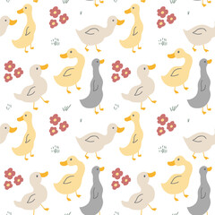 Cute Cartoon Duck Seamless Pattern, Vector Illustration Background