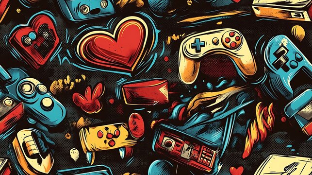 Graffiti-inspired pattern featuring game controllers, pixel art hearts, and glowing arcade screens, surrounded by vibrant neon colors and swirling brushstrokes, spray-painted on a dark concrete wall,