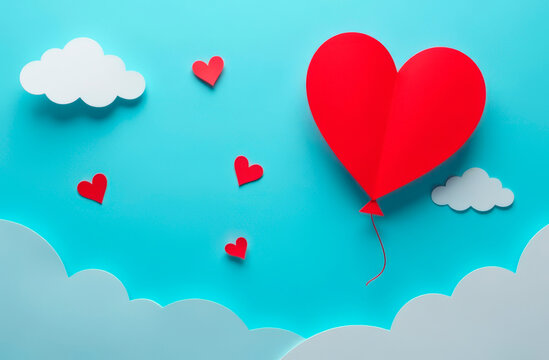 Red paper heart in the sky with paper clouds and hearts. Illustration