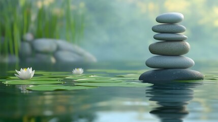Fototapeta premium Stacked Stones and Water Lilies on a Still Pond