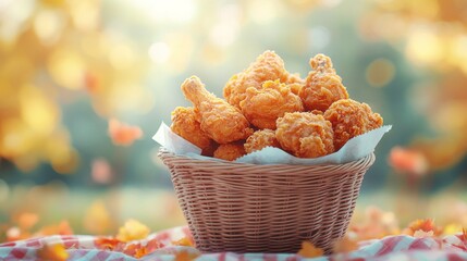 Crispy Fried Chicken Pieces in a Wicker Basket on a Picnic Blanket