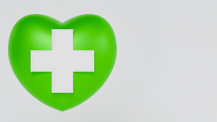 A vibrant green heart with a white cross in its center. A modern, minimalist symbol of health and well-being. Perfect for designs related to medicine, first aid and health awareness campaigns.
