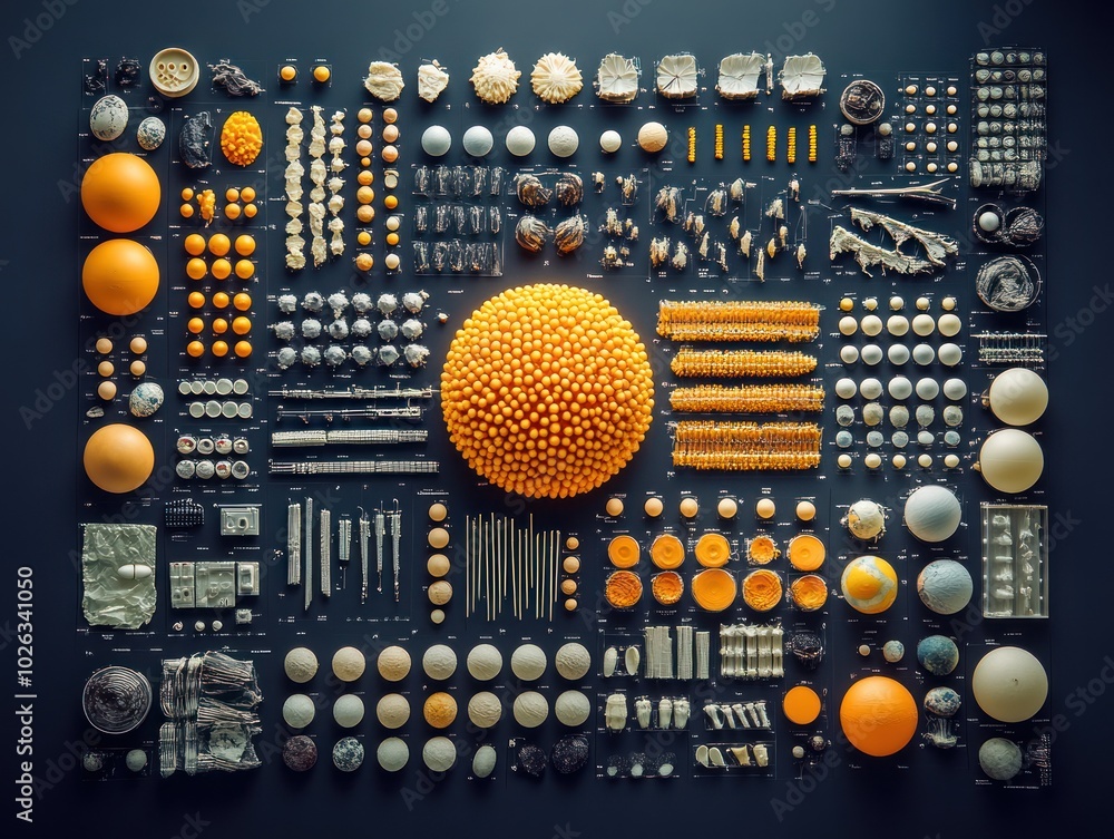 Poster a grid of various shapes and textures, with a large yellow sphere in the center.