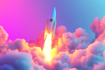 Fototapeta premium A sleek rocket launches into a colorful sky, surrounded by vibrant clouds and flames.