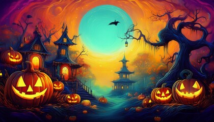 abstract and colorful beautiful illustration of halloween themed scene generative ai
