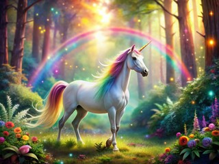 Enchanting Sparkly Unicorn in a Magical Forest with Glittering Background and Colorful Rainbow Effects for Dreamy Decor