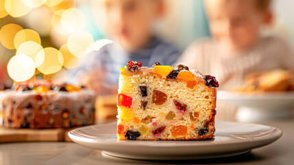 Slice of colorful fruitcake on plate with children in festive background. National Fruitcake Month, National Fruitcake Day