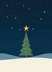 Naklejka premium vector of a minimalist christmas tree with a star on topp in snow on starry night skies background