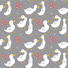 Cute Cartoon Duck Seamless Pattern, Vector Illustration Background
