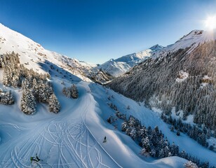 aerial view of man skiing aran valley spain