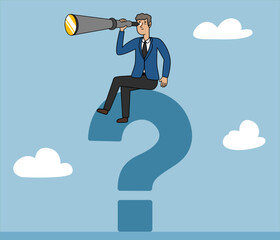 businessman with binocular looking for answers, corporate illustration about results, Curiosity explore unknown, search for solution or new business opportunity,