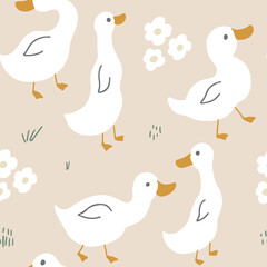 Cute Cartoon Duck Seamless Pattern, Vector Illustration Background