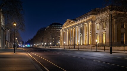 Obraz premium A long, empty street with a classical building illuminated at night.