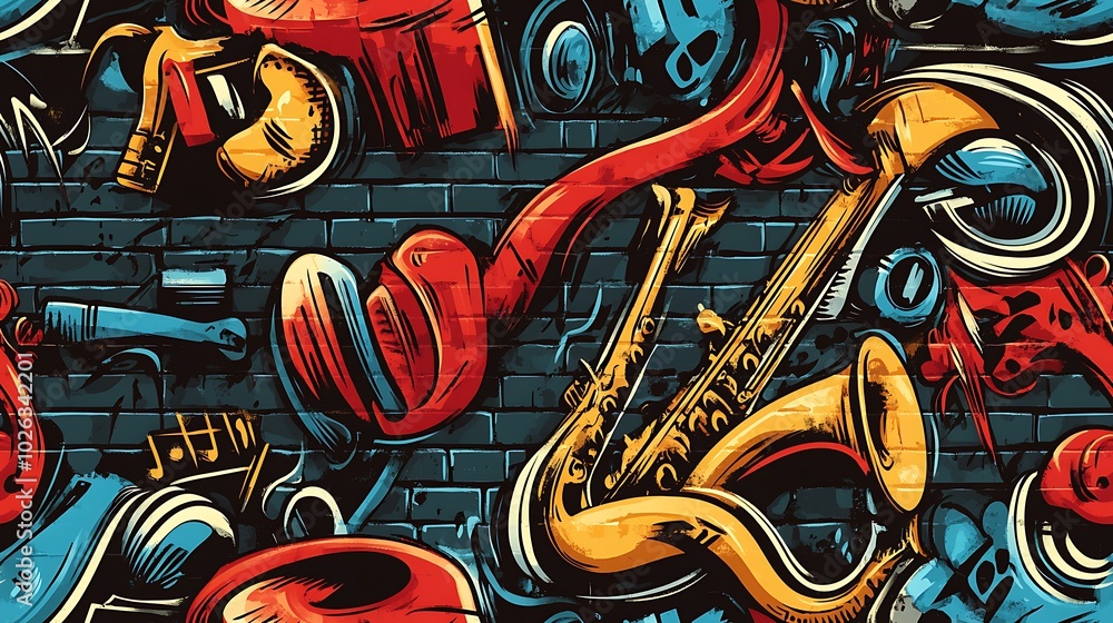 Wall mural Graffiti-inspired pattern featuring saxophones, headphones, and trumpets, with abstract music notes and colorful soundwaves, layered on a rough brick wall background,