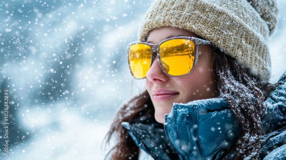 Wall mural portrait of a woman in sunglasses against the background of snowy mountains. winter holidays and vac