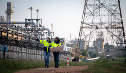Engineers wearing safety gear, including hard hats examining survey a large blueprint tablet...