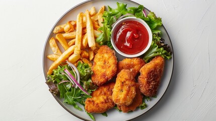 Fototapeta premium Plate of chicken nuggets with fries and ketchup