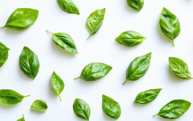 Obraz premium A high-resolution image of fresh, bright green basil leaves isolated on a pure white background. 