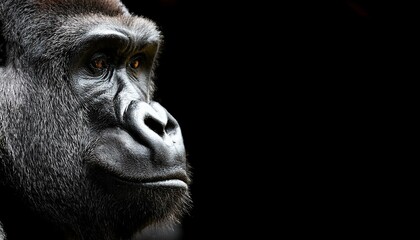 Obraz premium black banner with side closeup portrait of gorilla background with copy space