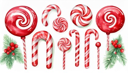 christmas candy canes and lollipops collection isolated on white watercolor illustration for winter holidays design