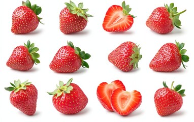 A high-resolution image of ripe, juicy strawberries flying through the air against a pure white background. The composition captures the strawberries in different angles 