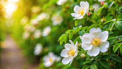 Fototapeta premium Natural background of blooming white flowers of wild rosehip, featuring leading lines