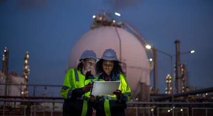 Engineers wearing safety gear, including hard hats examining survey are using tablet collaborating...