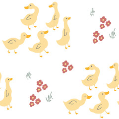 Cute Cartoon Duck Seamless Pattern, Vector Illustration Background
