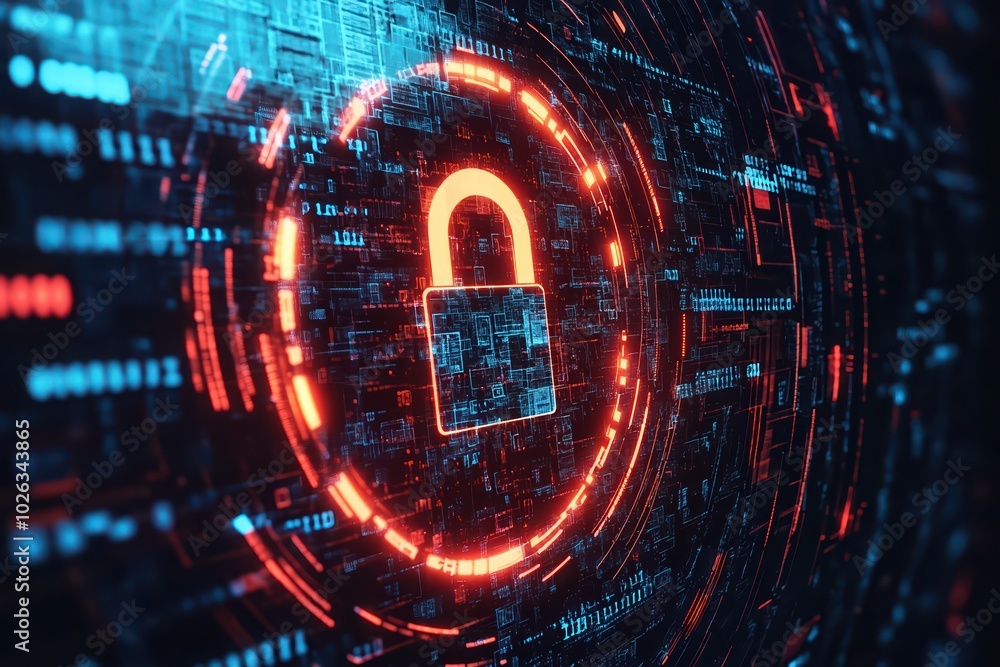 Aufkleber a digital lock symbolizing cybersecurity, set against a vibrant, high-tech background of glowing dat