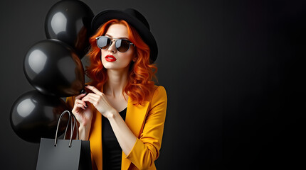 model with shopping bags on black background