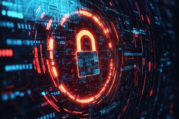 Fototapeta premium A digital lock symbolizing cybersecurity, set against a vibrant, high-tech background of glowing data patterns.