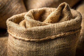 Obraz premium Natural brown hemp sack bag with shallow depth of field, ideal for background use.