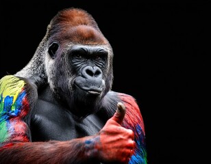 Obraz premium closeup portrait of gorilla in aggressive paint thumbs up on the black background with copy space