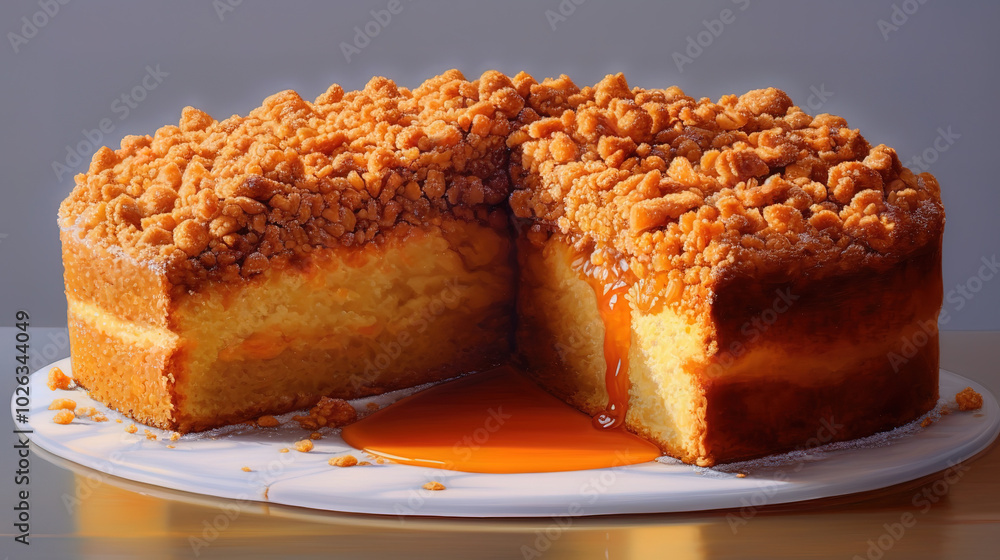 Poster rich chocolate cake with crumbly topping adding a perfect texture