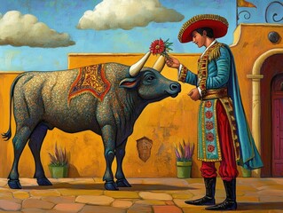 A man in traditional Spanish clothing stands before a bull, holding a flower. The bull has a blanket over its back and is looking at the man.