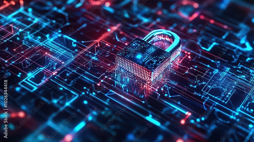 Poster a digital padlock surrounded by a glowing circuit board, representing cybersecurity and data protect