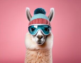 Fototapeta premium cute lama alpaca wearing winter knitted hat and transparent goggles isolated on the pink background with copy space