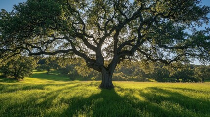 Obraz premium A majestic oak tree stands tall in a sun-drenched meadow, casting long shadows across the green grass.