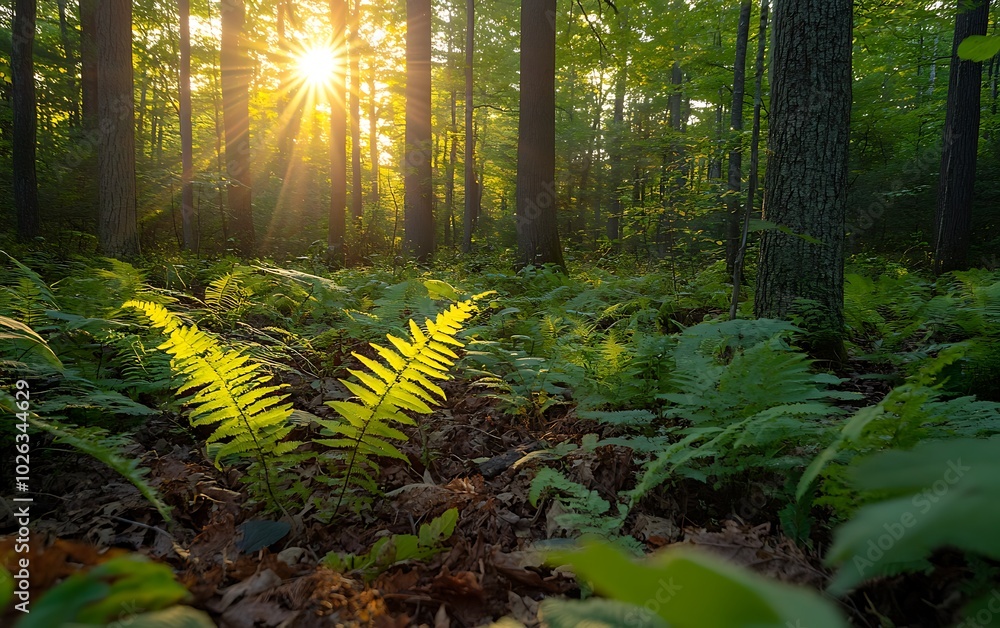 Aufkleber sunlight filters through trees, illuminating lush ferns in a serene forest setting.