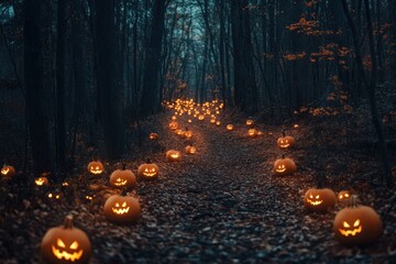 A path through a dark forest illuminated by glowing jack-o'-lanterns.
