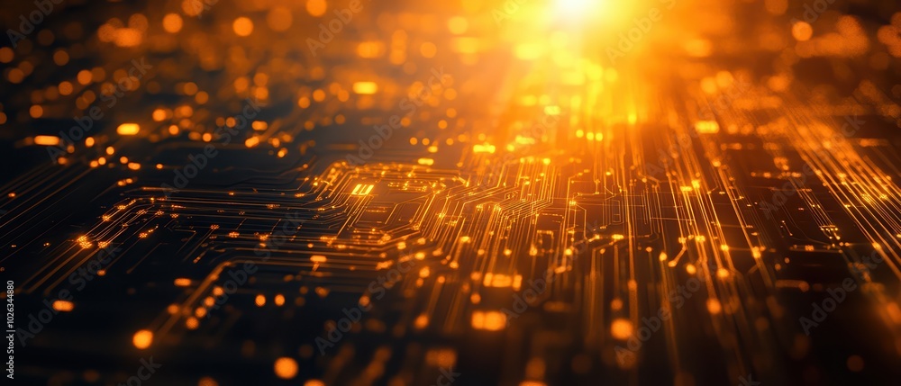 Poster a dynamic close-up of glowing circuits over a dark surface, representing technology and innovation i