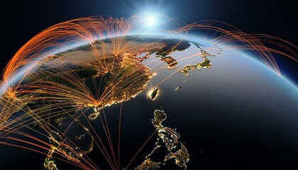 Obraz premium earth in space orange lines connect taipei taiwan with cities across the world worldwide travel or business concept